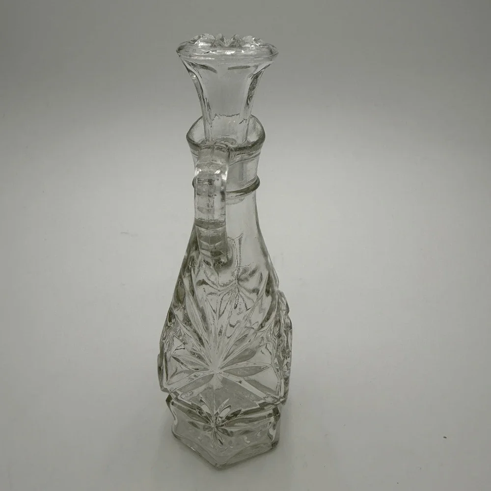 Vintage Starburst Pressed Glass Cruet with Stopper and Creamer Pitcher Set EUC‎